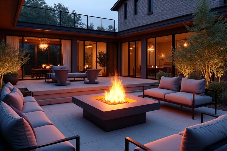 Patio moderno con fogón para entretenimiento